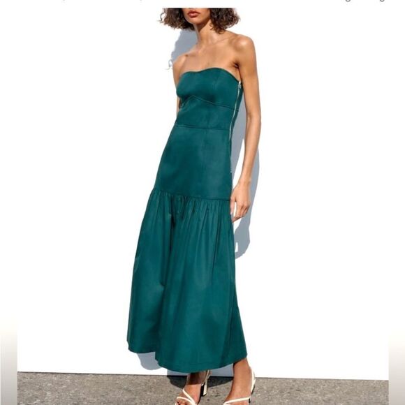 NWT ZARA GREEN TOPSTITCHED STRAPLESS MAXI DRESS size small - Picture 1 of 16
